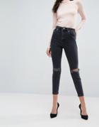 Asos Super High Rise Firm Skinny Jeans With Busted Knees In Washed Black - Black