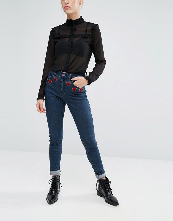 First & I Embroidered High Waist Jeans - Blue