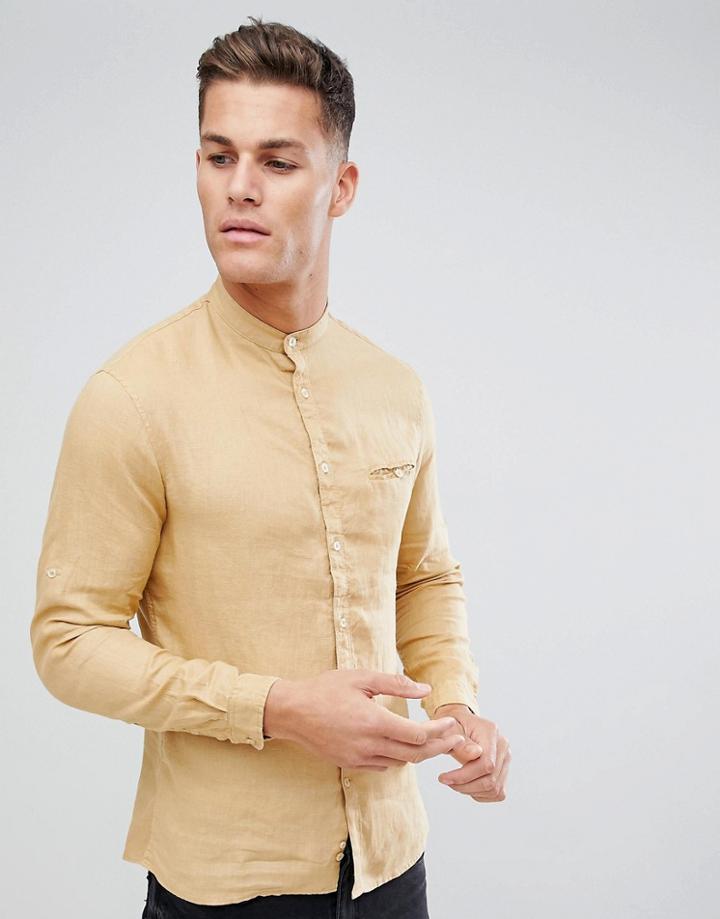 Celio Grandad Shirt In Linen - Tan