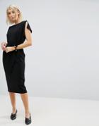 Asos Belted Midi Dress With Split Cap Sleeve And Pencil Skirt - Black