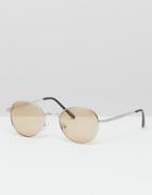 Asos Design Round Sunglasses In Silver Metal With Amber Lens - Silver