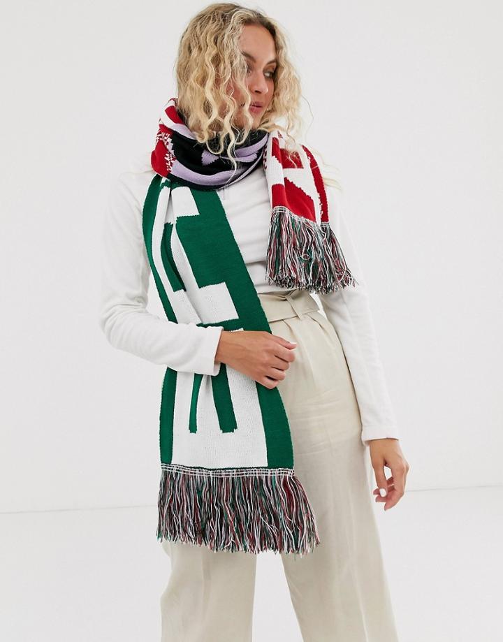 Asos Design Logo Print Knitted Scarf With Tassels-multi