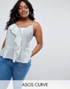 Asos Curve Longline Cami With Frill And Button Detail - Blue