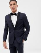 Asos Design Slim Tuxedo Suit Jacket In Navy 100% Wool