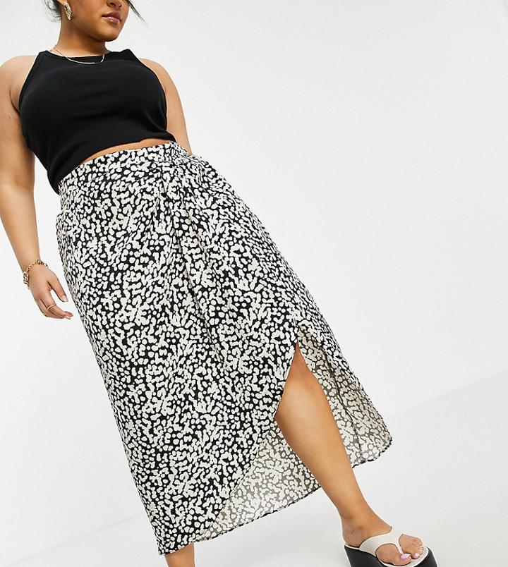 River Island Plus Printed Wrap Midi Skirt In Black