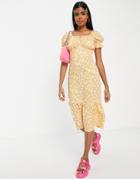 Influence Tiered Midi Smock Dress In Yellow Floral