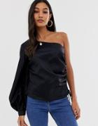 Asos Design Asymmetric Top With Ruched Side-black