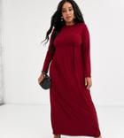 Verona Curve Long Sleeve Jersey Maxi Dress With Pleat In Burgundy-red