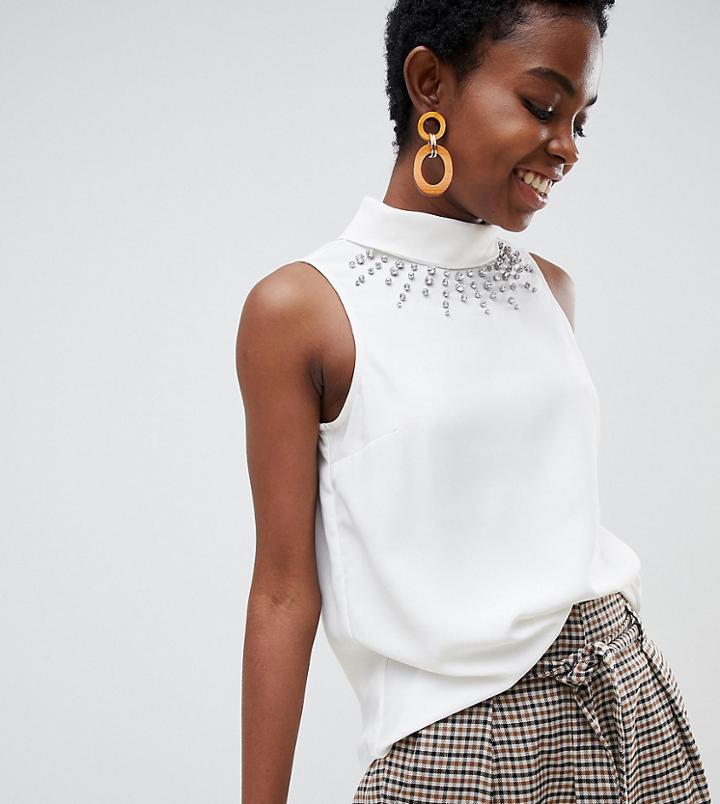River Island Petite Sleeveless Blouse With Embellished Neckline In White - White