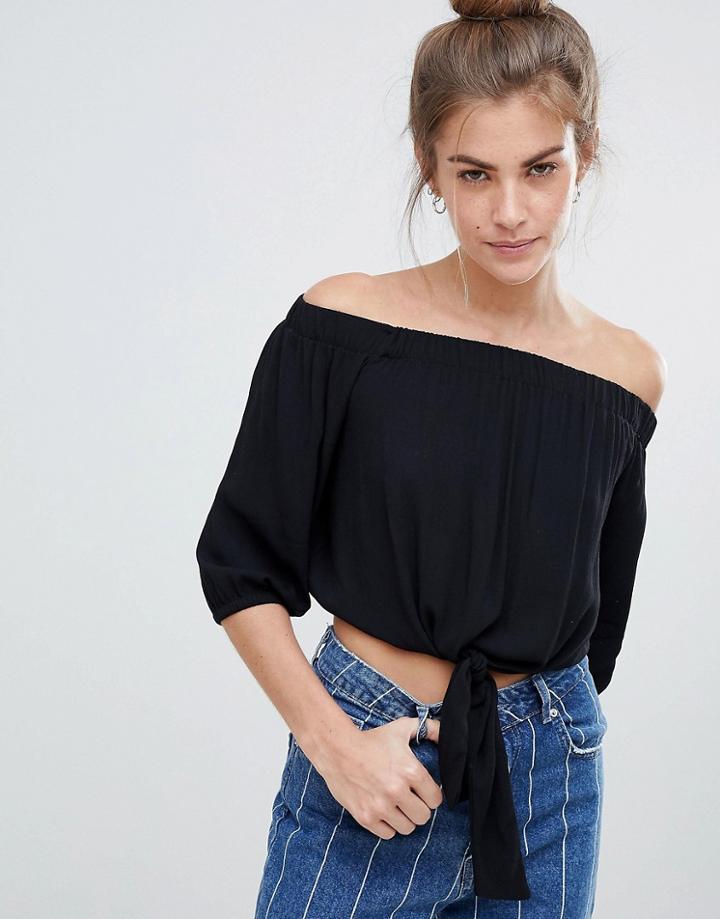 Pull & Bear Off Shoulder Tie Front Top In Black - Black