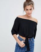 Pull & Bear Off Shoulder Tie Front Top In Black - Black