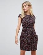 Qed London Floral Print Tulip Dress With Pockets - Black