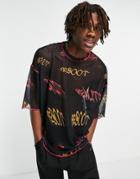 Asos Design Oversized Mesh T-shirt In All Over Text Print-multi