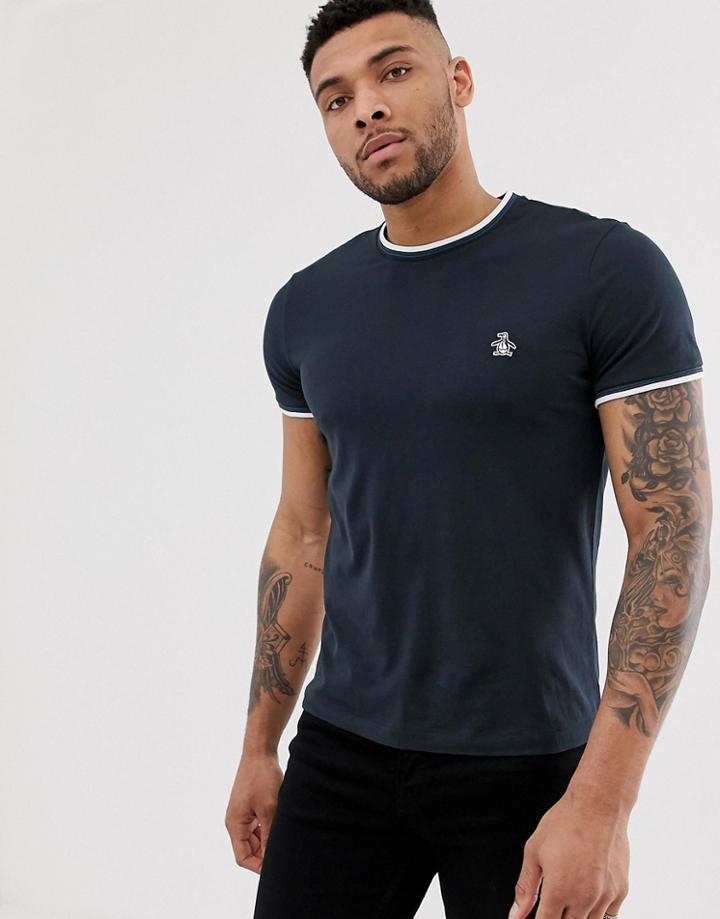 Original Penguin Ringer Crew Neck T-shirt With Sticker Pete Logo In Navy