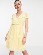 Vila Pleated Mini Dress With Frill Collar In Yellow - Yellow