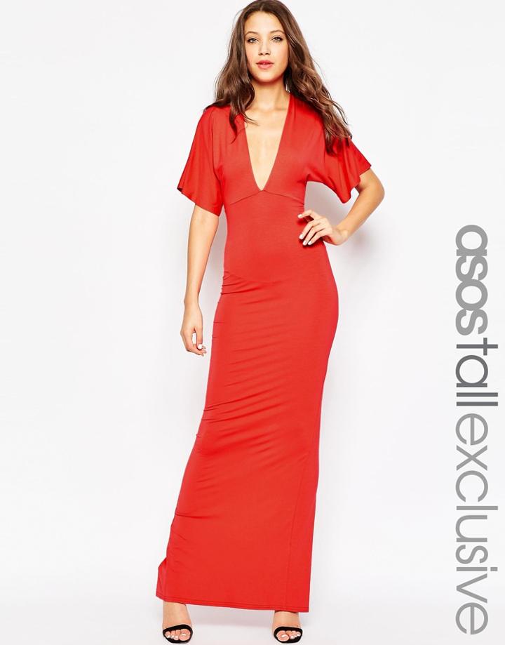 Asos Tall Kimono Plunge Maxi Dress With Open Back - Black