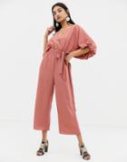 Asos Design Kimono Jumpsuit With Wrap And Culotte Leg - Pink