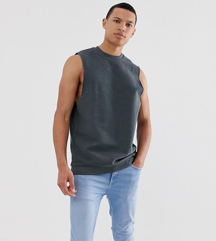 Asos Design Tall Sleeveless Sweatshirt With Dropped Arm Hole In Reverse Loopback-gray