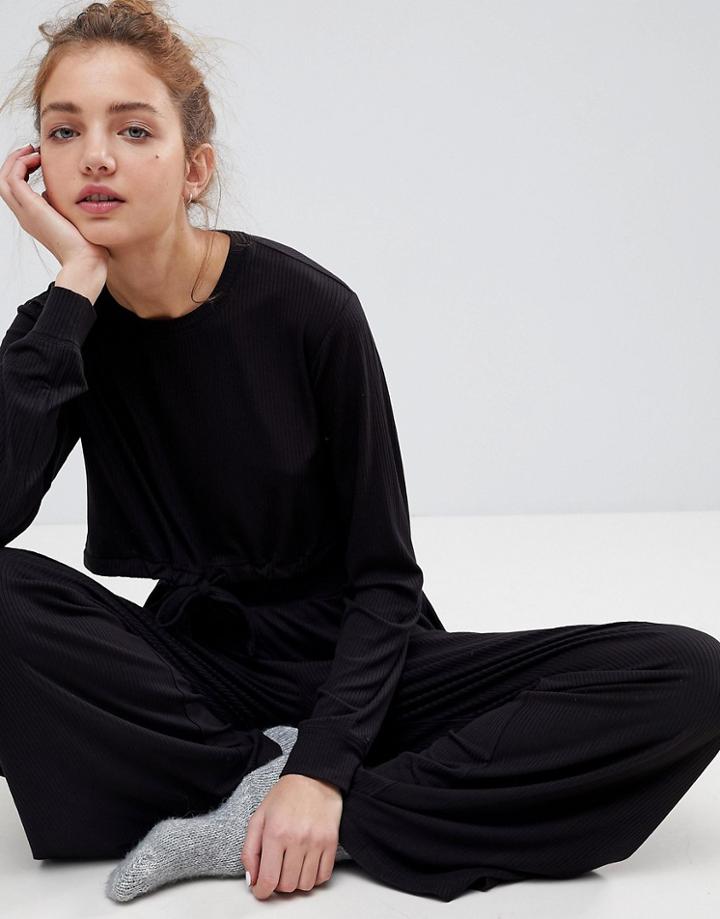 Asos Lounge Slinky Ribbed Jersey Wide Leg Jogger - Black