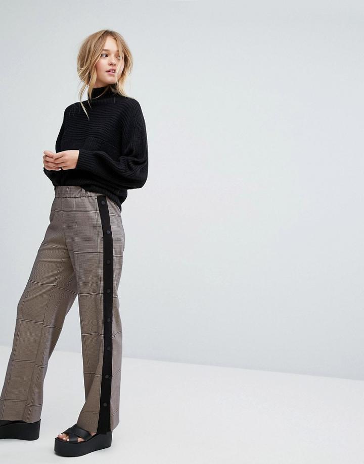 Monki Popper Detail Check Pants - Beige