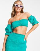 Asos Design Shirred Bardot Beach Crop Top With Detachable Sleeves In Emerald Green