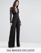 Naanaa Tall Plunge Front Jumpsuit With Lace Sleeve - Black