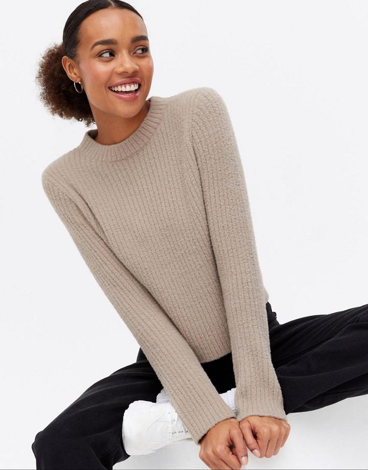 New Look Fluffy Knit Ribbed Sweater In Mink-brown