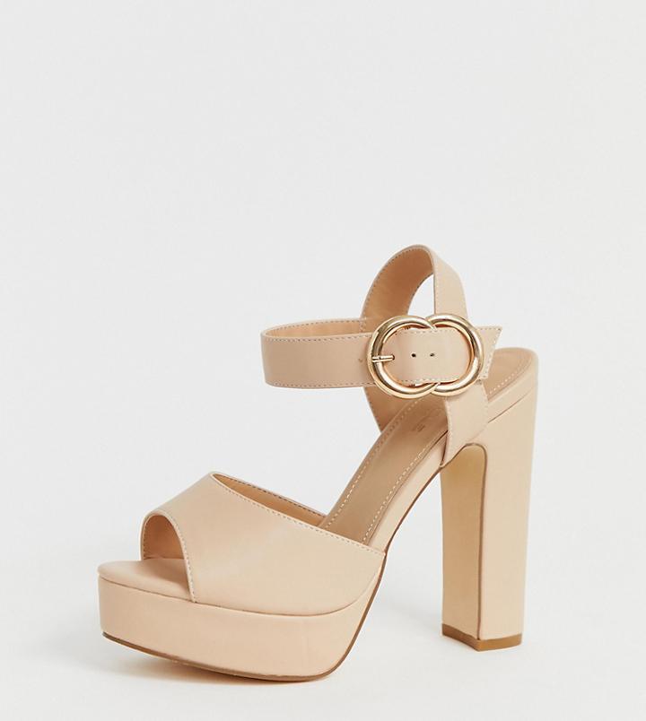 Truffle Collection Wide Fit Buckle Platform Heeled Sandals-beige
