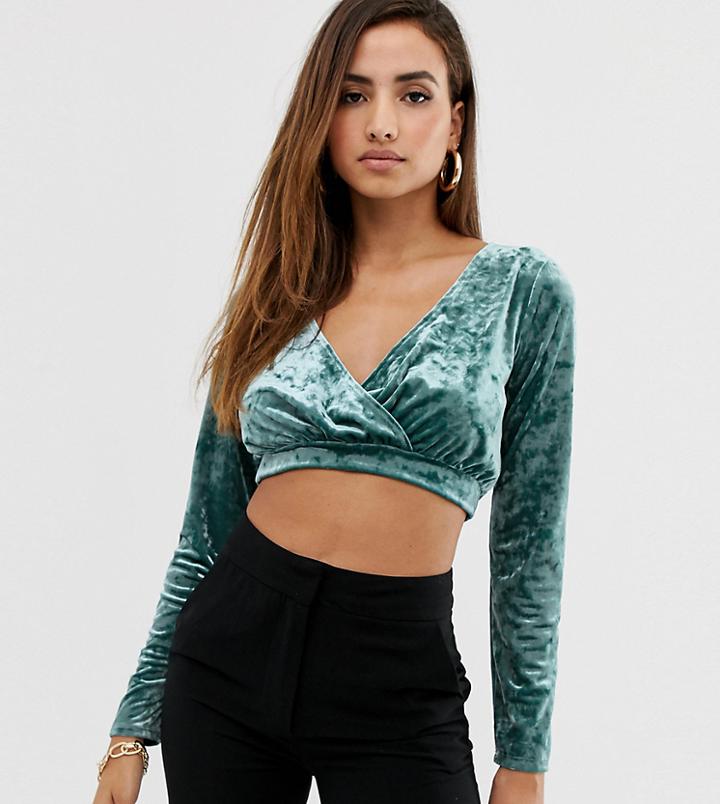 Missguided Velvet Wrap Over Long Sleeved Crop Top In Teal - Green