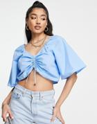 Pieces Poplin Wide Sleeve Ruched Top In Blue