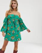 En Creme Floral Bardot Dress With Sweetheart Neckline - Green