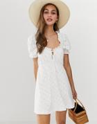 Asos Design Puff Sleeve Broderie Tea Dress-white