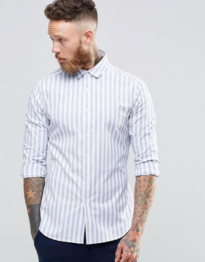 Asos Slim Shirt With Stretch In Bold Stripe With Long Sleeves - Blue