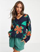 Urban Revivo V-neck Sweater In Large Floral Print-multi