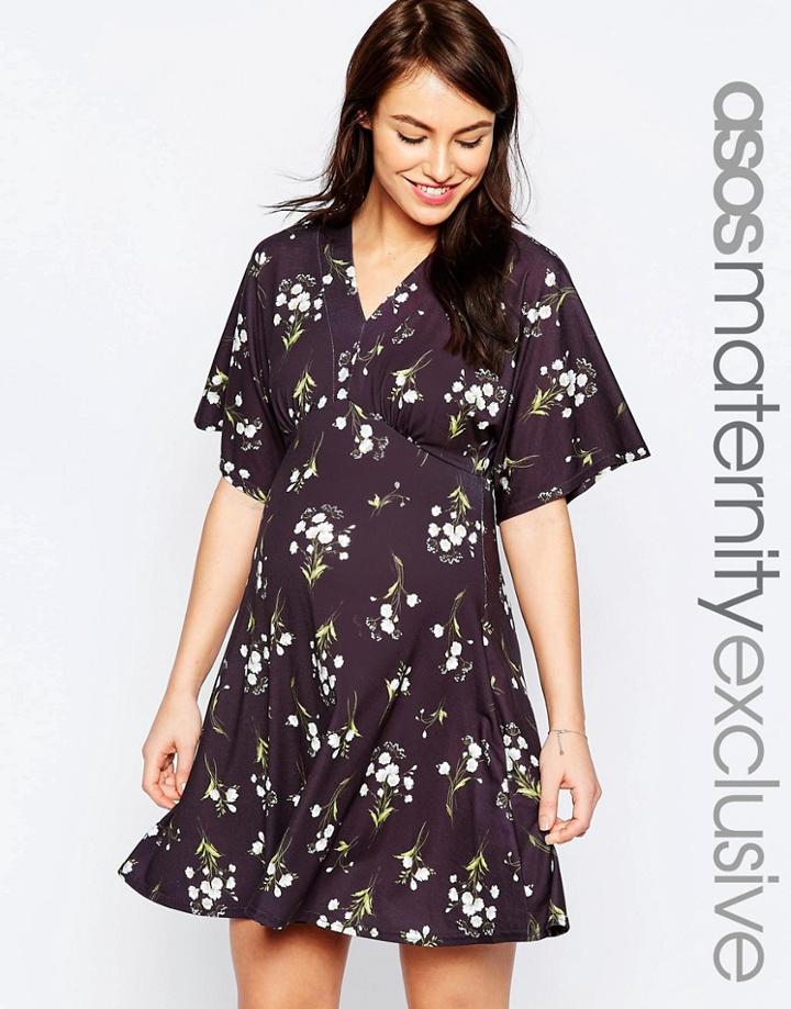 Asos Maternity Kimono Dress In Ditsy Floral Print - Multi