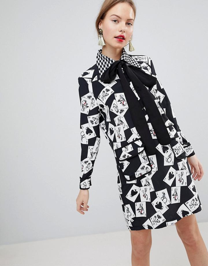 Sister Jane Mini Shift Dress With Pussybow In All Over Cards Print - Black