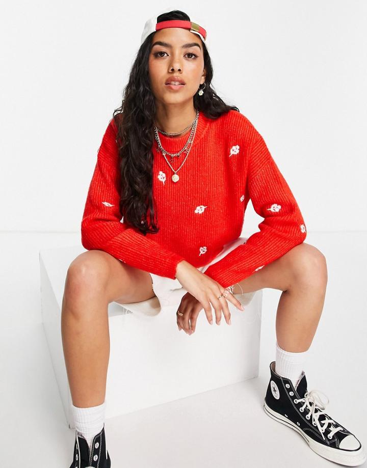 Asos Design Sweater With Embroidered Flower Detail In Red-orange