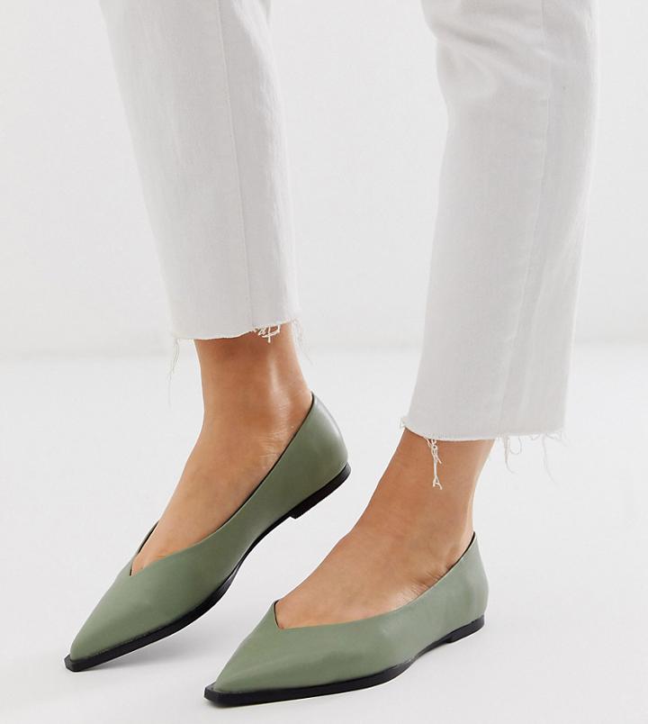 Asos Design Wide Fit Levels High Vamp Ballet Flats In Olive