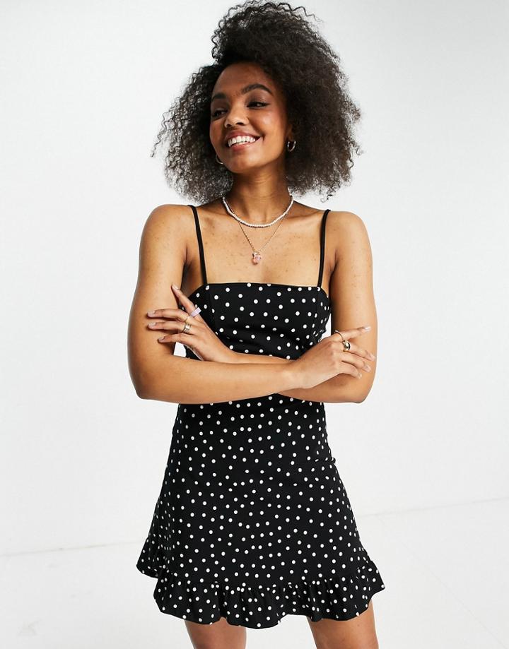 Asos Design Strappy Sundress With Pep Hem In Mono Polka Dot-black