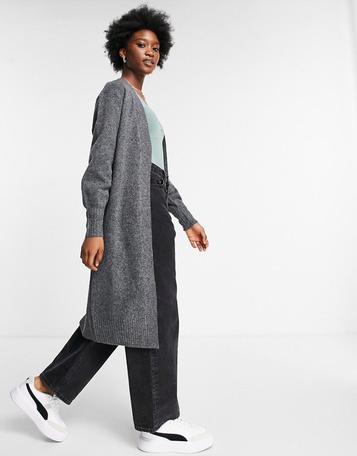 Asos Design Fluffy Maxi Cardi With Volume Sleeve In Charcoal-grey