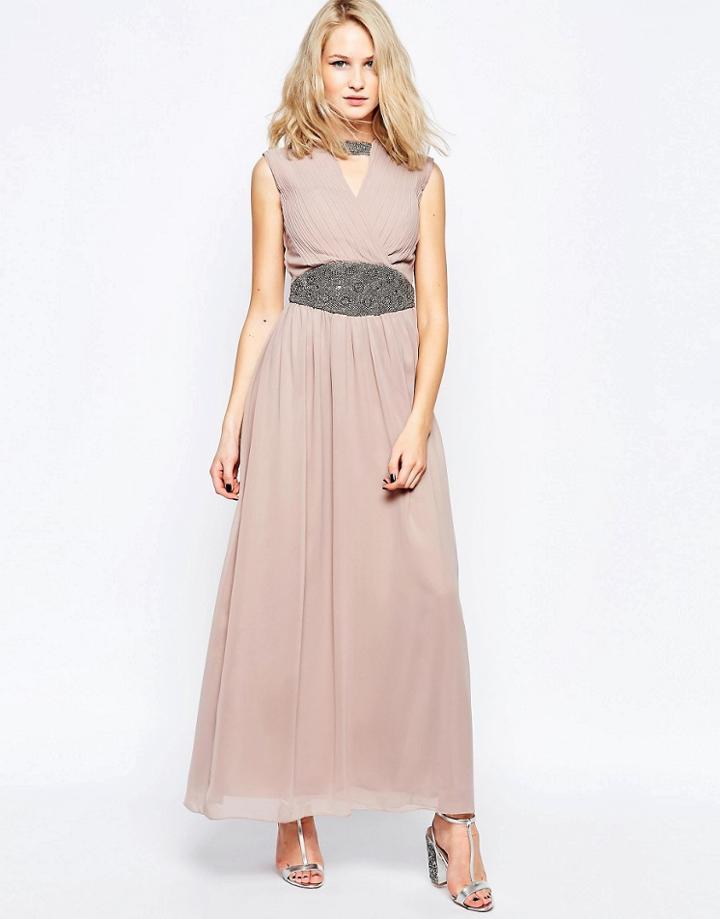 Little Mistress Maxi Dress With Wrap Front And Waist Detail - Nude