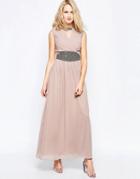 Little Mistress Maxi Dress With Wrap Front And Waist Detail - Nude