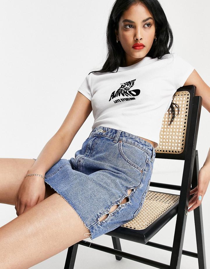 Topshop Keyhole Cut Out Denim Mini Skirt In Mid Blue