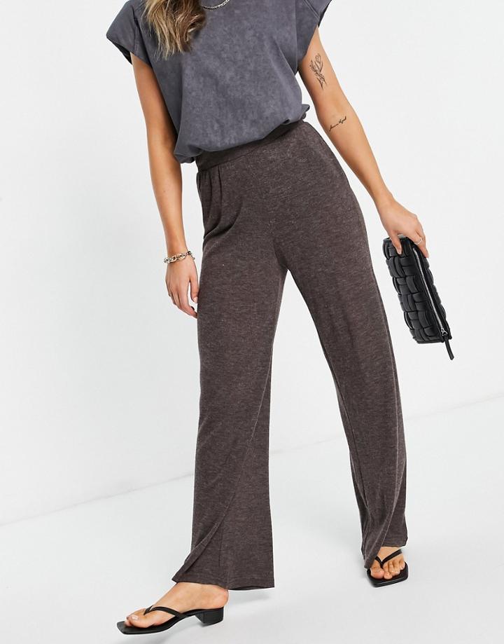 Only Kaylee High Waist Wide Leg Jersey Pants In Dark Brown
