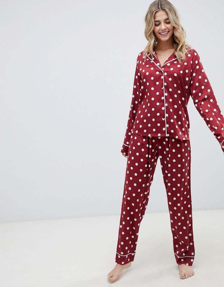Asos Design Polka Dot Traditional 100% Modal Pants Set - Red