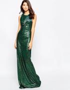 City Goddess Sequin Maxi Dress With Curved Mesh Insert - Green