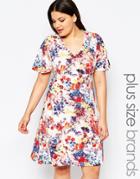Club L Plus Skater Dress With Kimono Sleeves In Floral Print - Floral Print