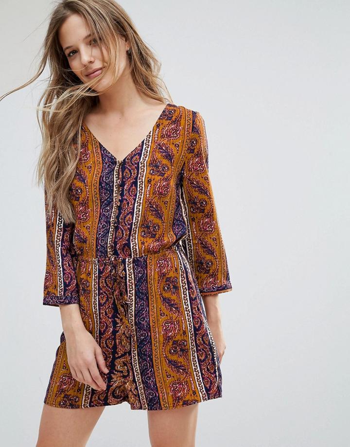 Brave Soul Tulisa Printed Romper With 3/4 Sleeves - Blue
