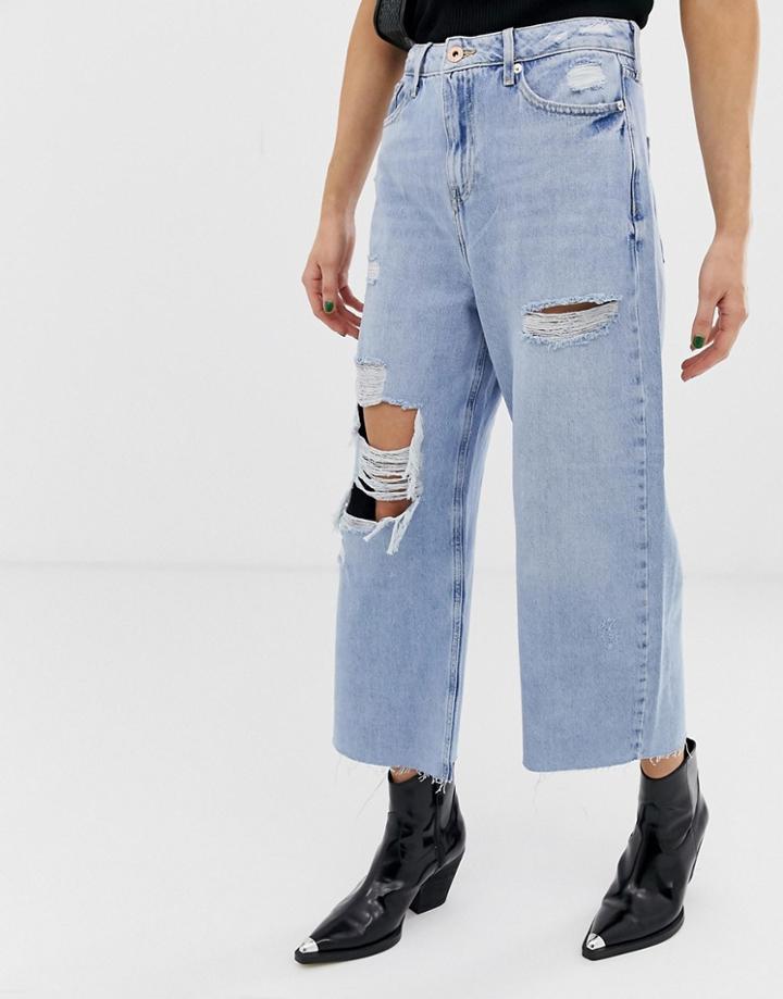 River Island Wide Leg Culottes With Rips In Blue-black