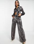 Asos Design 00's Plisse Suit Wide Leg Pants In Metallic - Part Of A Set-silver